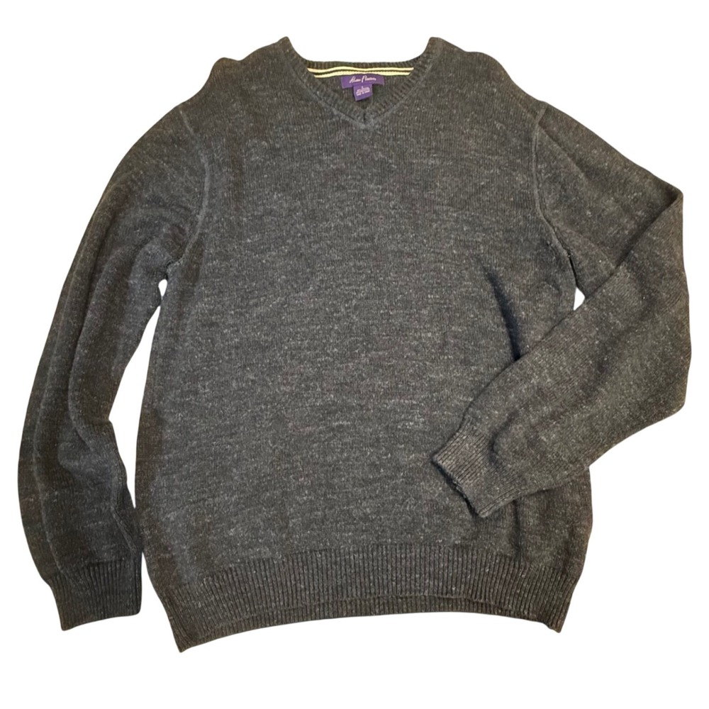 Alan Flusser V-Neck Sweater Cotton Blend Pullover Classic Fit Blue‎ L
